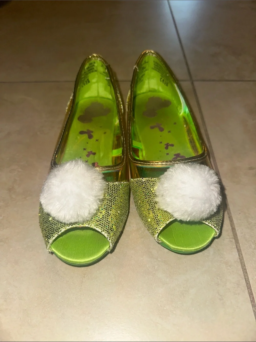 Disney’s Tinkerbell Glittery Wedges Peep-Toe Flats with White Jingling Pom Pom